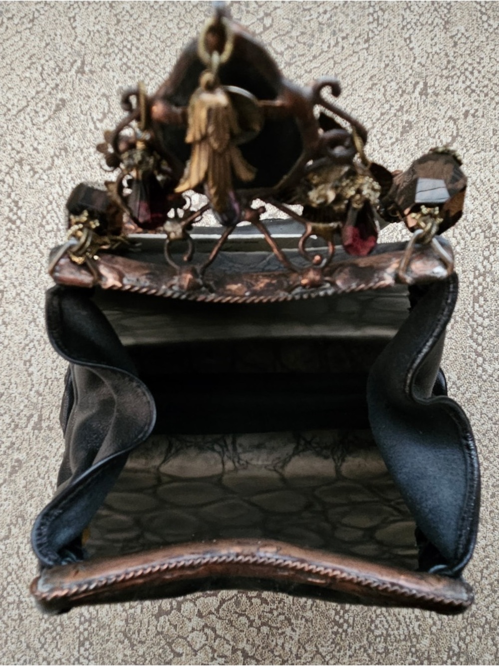 Maya Black Croc-Texture Mini Top-Handle Bag with Antique Gold Accents - Picture 3 of 3